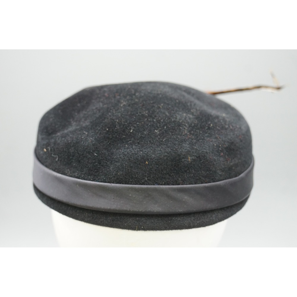 Vintage Black Wool Felt Pillbox Hat with Bow and Feather Accent 21 Inch - Picture 3 of 5